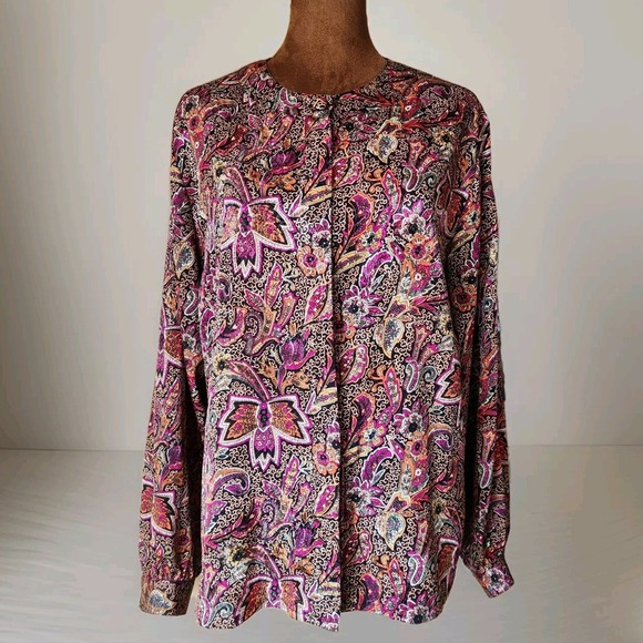 Vintage Notations Button Up Blouse Colorful Paisley Womens Size 8‎ Medium Satin - Picture 1 of 7